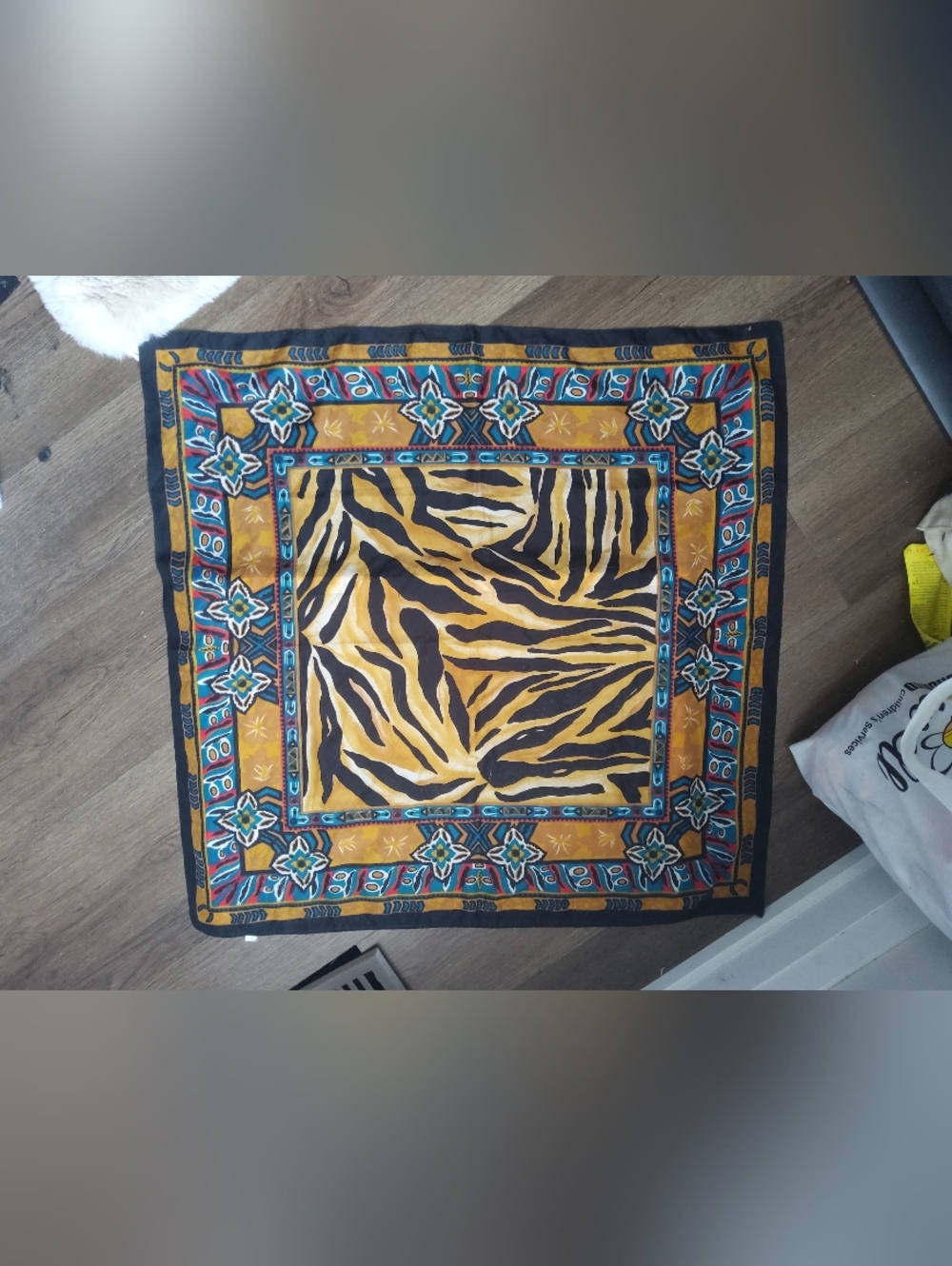 Vtg Italian SIlk Tiger Ornate Floral Scraf
